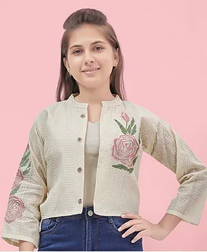 Aarika Cotton Three Fourth Sleeves Floral Embroidered Jacket - White