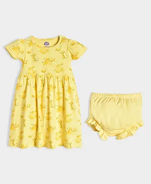 Mi Arcus 100% Cotton Half Sleeves Animals Printed Dress With Bloomer - Yellow