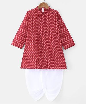 Babyhug Cotton Woven Full Sleeves Printed Dhoti Kurta Set - Red
