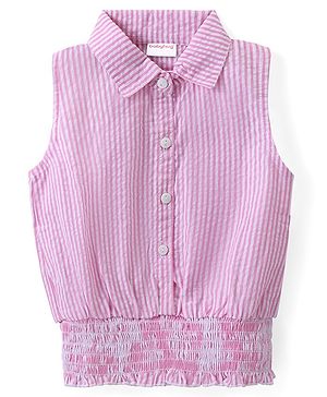 Babyhug Woven Sucker Sleeveless  Striped Front Open   Top with Smocking Detailing - Pink