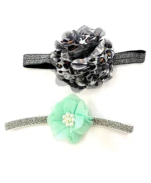 Flaunt Chic Set Of 2 Floral Detailed Elastic Headbands - Silver And Black