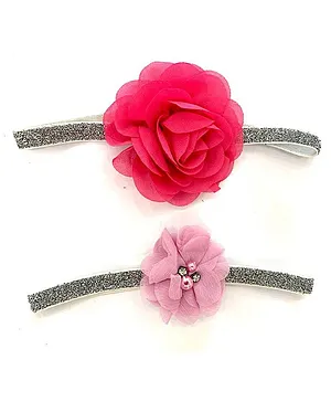 Flaunt Chic Set Of 2 Floral Detailed Elastic Headbands -  Silver And Pink