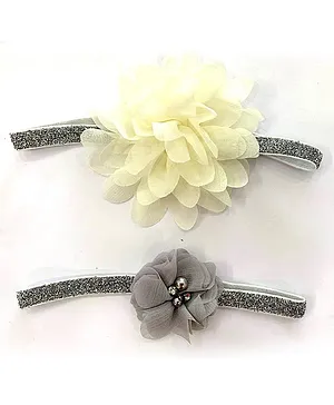 Flaunt Chic Set Of 2 Floral Detailed Elastic Headbands - Silver And White
