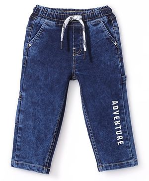 Babyhug Denim Full Length With Stretch Washed Jeans Text Print - Blue