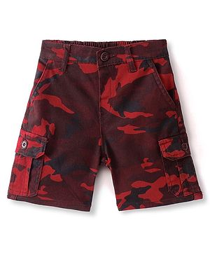 Babyhug Cotton Lycra Woven Above Knee Length Stretchable Bermuda Camouflage Print - Red
