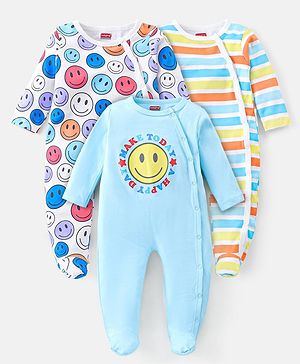 Babyhug Interlock Full Sleeve Striped Sleepsuits Smiley Print Pack of 3 - Multicolor