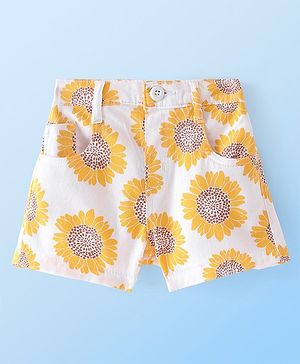 Babyhug Twill Woven Mid Thigh Shorts Sunflower Print - White