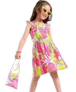 Ollington St. Cotton-Lycra Stretchable Sleeveless Tropical Printed Flared Frock with Purse - Multicolor