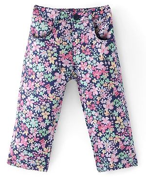 Babyhug Twill  Woven Full Length Trousers With Stretch Floral Print - Navy Blue