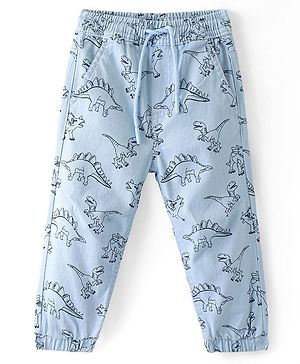 Babyhug Twill Woven Full Length Dino Printed Stretchable Joggers - Light Blue