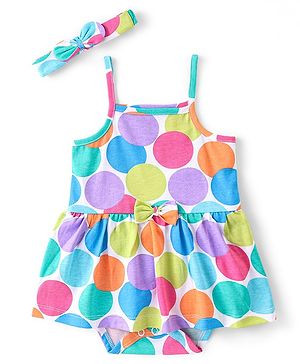 Babyhug 100% Cotton Knit Sleeveless Polka Dots Printed Frock Style Onesies With Hairband - Multicolour