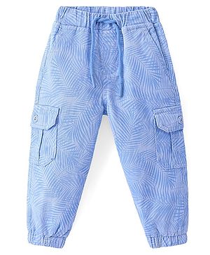 Babyhug Twill  Woven Full Length Pants Leaves Print -  Light Blue