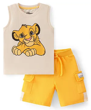 Babyhug Disney 100% Cotton Knit Single Jersey Sleeveless T-Shirt And Shorts With Lion King Graphics - Beige & Yellow