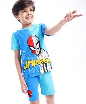 Babyhug Marvel Single Jersey Knit Half Sleeves T-Shirt & Shorts Set with Spiderman  Graphics - Blue