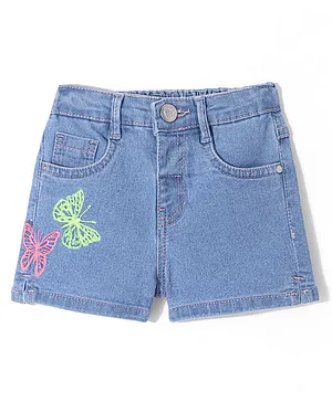 Babyhug Denim Mid Thigh Length Shorts With Stretch Butterfly Embroidery - Blue