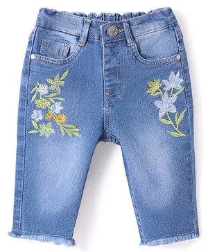 Babyhug Cotton Blend Three Fourth Length Stretchable Washed Denim Capri Floral Embroidery - Blue
