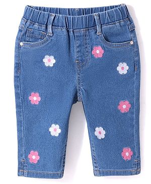 Babyhug Cotton Blend Three Fourth Length Stretchable Washed Denim Capri Floral Embroidery - Blue
