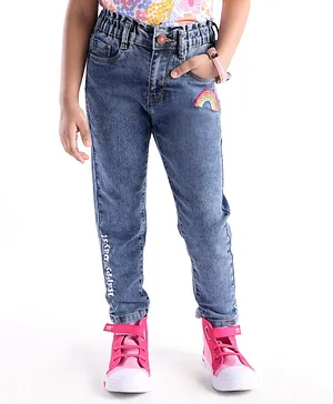 Babyhug Denim Full Length Jeans With Stretch & Rainbow Embroidery - Blue