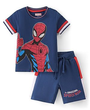 Babyhug Marvel 100% Cotton Knit Single Jersey Half Sleeve T-Shirt & Shorts With Spiderman Graphics - Navy Blue & Red