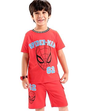 Babyhug Marvel Single Jersey Half Sleeves T-Shirt And Shorts Set With Spiderman Graphics - Red