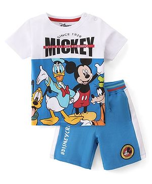 Babyhug Disney 100% Cotton Knit Single Jersey Half Sleeves T-Shirt & Shorts With Mickey Mouse Family Graphics - White & Blue