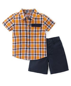 Babyhug 100% Cotton Woven Half Sleeves Checked Shirt & Shorts Set  - Orange & Navy Blue
