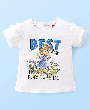 Babyhug 100% Cotton Knit Half   Sleeves Top with Text & Doll Graphics and Frill Detaililng - White