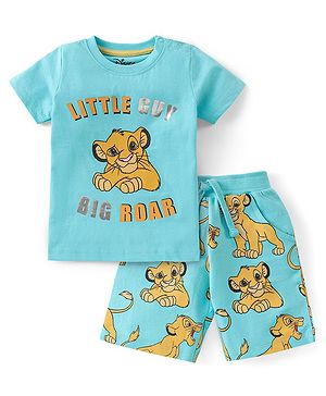 Babyhug Disney Single Jersey Knit Foil Print Half Sleeves T-Shirt & Shorts with Lion King Graphics - Sky Blue