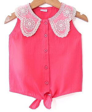 Babyhug Seersucker Sleeveless Front Open Top with Embroidery - Pink