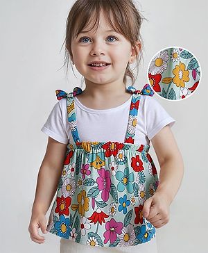 Babyhug Rayon Woven Half Sleeves Floral All Over Printed Top With Bow Applique - White