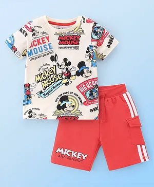 Babyhug Disney Single Jersey Knit Half Sleeves T-Shirt And Shorts Set With Mickey Mouse Family Print - Off White & Red