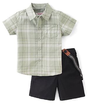 Babyhug 100% Cotton Woven Half Sleeves Checked Shirt & Shorts With  Suspender - Green & Black