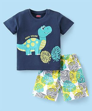 Babyhug Cotton Knit Half Sleeves Short Night Suit With Dino Print - Navy Blue