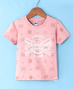 Teddy Sinker Knit Half Sleeves T-Shirt Baseball Print - Pink