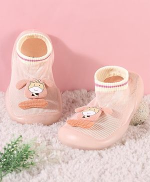 Cute Walk by Babyhug Slip On Sock Shoes with Giraffe Applique - Pink