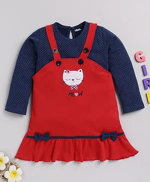 MIMINO Cotton Full Sleeves Polka Dots Printed Tee With Kitten Embroidered Dungaree Dress - Red