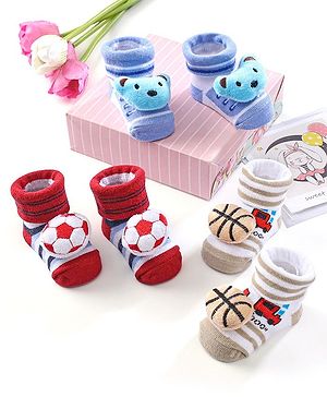 Cute Walk by Babyhug Ankle Length Striped Socks with Bear Applique Pack of 3 - Khaki Red & Blue