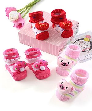 Cute Walk by Babyhug Ankle Length Socks with Bear Applique & Heart Design Pack of 3 - Red & Pink
