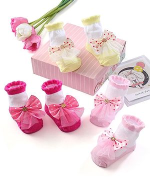 Cute Walk by Babyhug Ankle Length Socks with Bear Applique Pack of 3 - Yellow & Pink