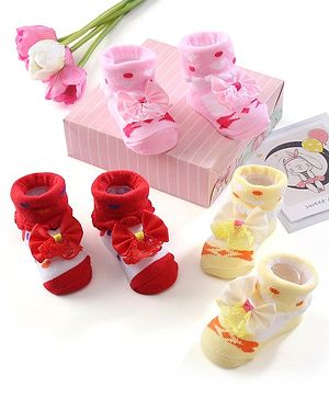 Cute Walk by Babyhug Ankle Length Socks Bow Applique Pack of 3 - Red & Yellow