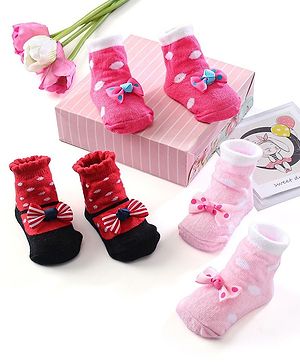 Cute Walk by Babyhug Ankle Length Socks Bow Applique Pack of 3 - Red & Pink