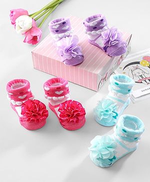 Cute Walk by Babyhug Ankle Length Socks Floral Applique Pack of 3 - Red Purple & Blue