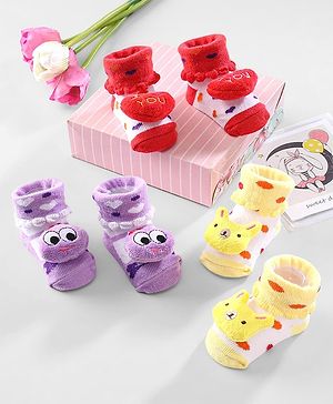 Cute Walk by Babyhug Ankle Length Socks Animal Applique Pack of 3 - Purple Red & Yellow