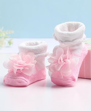 Cute Walk by Babyhug Sock Shoes with Flower Applique - Pink