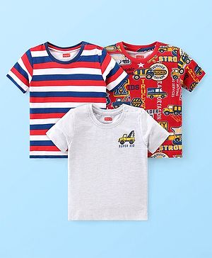 Babyhug Cotton Knit Half Sleeves T-Shirts With Stripes & Vehicle Print Pack of 3 - Multicolour