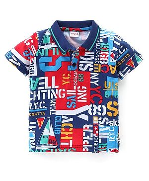 Babyhug 100% Cotton Knit Half Sleeves  Polo T-Shirt with Text  Print- Navy