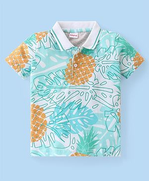 Babyhug Cotton Knit Half Sleeves Polo T-Shirt With Tropical Print - White