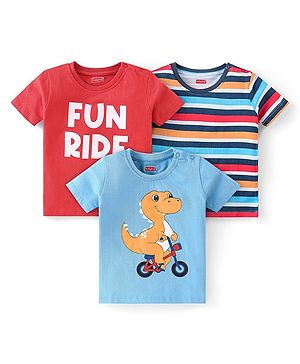 Babyhug Cotton Knit Half Sleeves T-Shirts with Dino and Text Print Pack of 3 - Multicolor