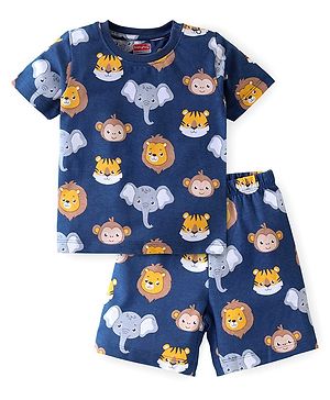 Babyhug Cotton Knit Half Sleeves Night Suit With Animal Print - Blue