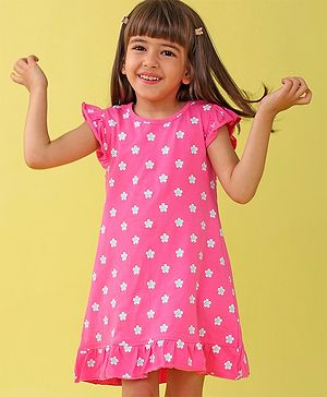 Babyhug Cotton Knit Frill Sleeves Nighty Floral Print - Pink